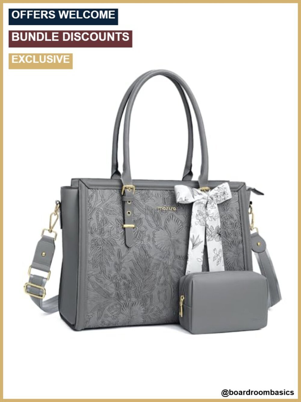 PU Leather Laptop Tote Bag with Silk Scarf & Clutch Purse